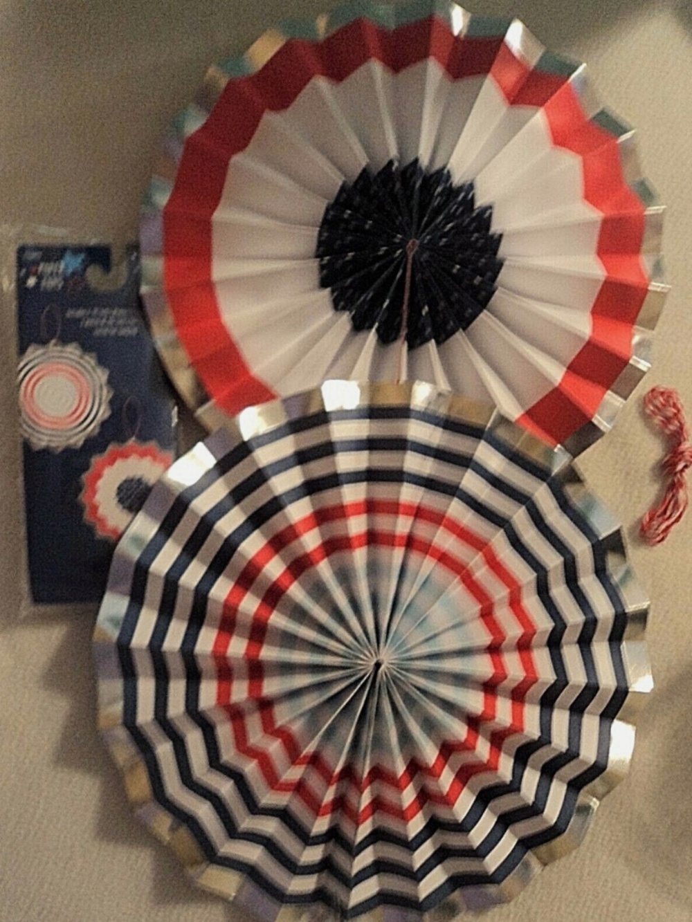Patriotic Paper Fans Set 2 Red White Blue Silver 4th July 11" Party Hanging NEW